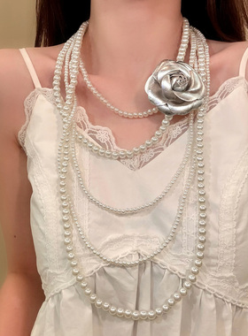 HEY TAO秋冬复古多层珍珠花朵叠戴项链女优雅气质长款毛衣链配饰