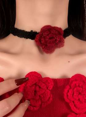 HEY TAO秋冬季红色针织花朵毛绒choker项链女高级感颈链脖子配饰