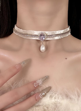 HEY TAO绝美精致闪钻丝绒choker珍珠吊坠项链轻奢高级感颈链配饰