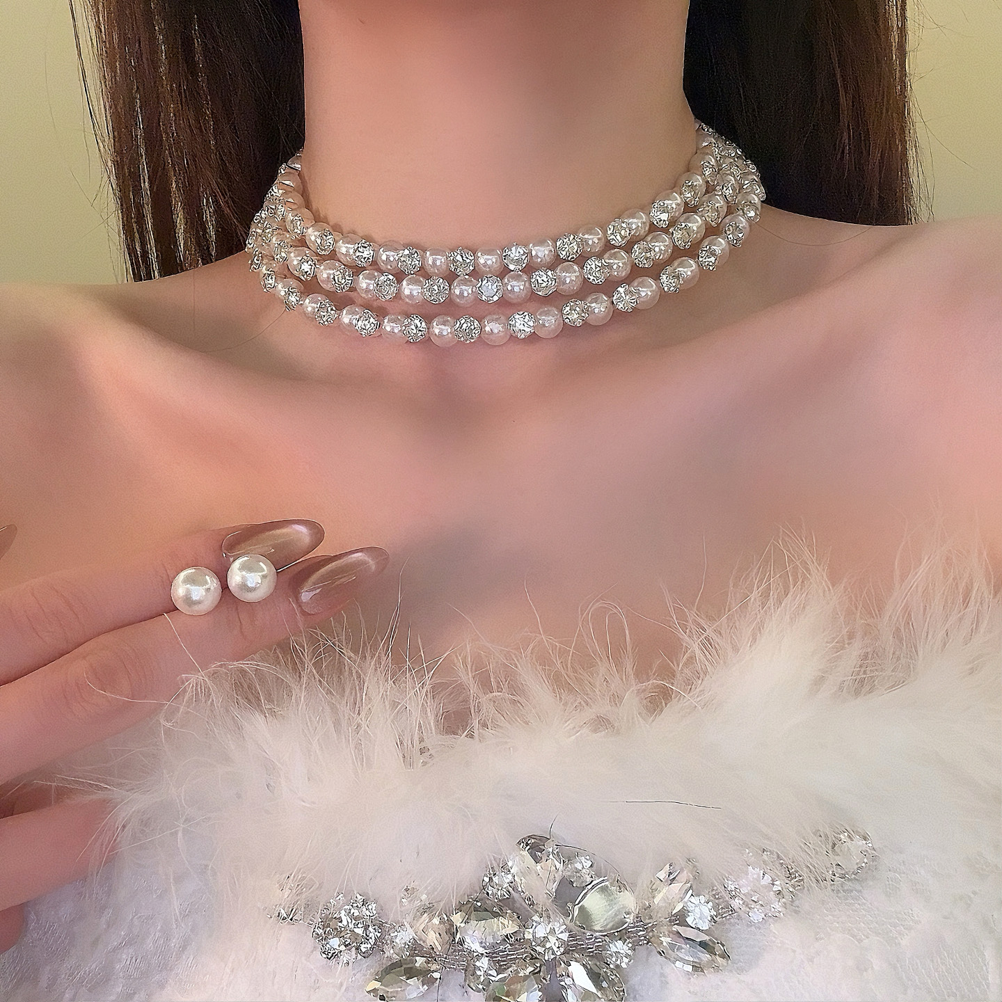 HEY TAO轻奢高级感闪锆珍珠项链夸张大气锁骨链宴会晚礼服配饰女