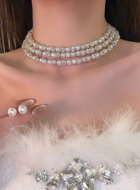 HEY TAO轻奢高级感闪锆珍珠项链夸张大气锁骨链宴会晚礼服配饰女