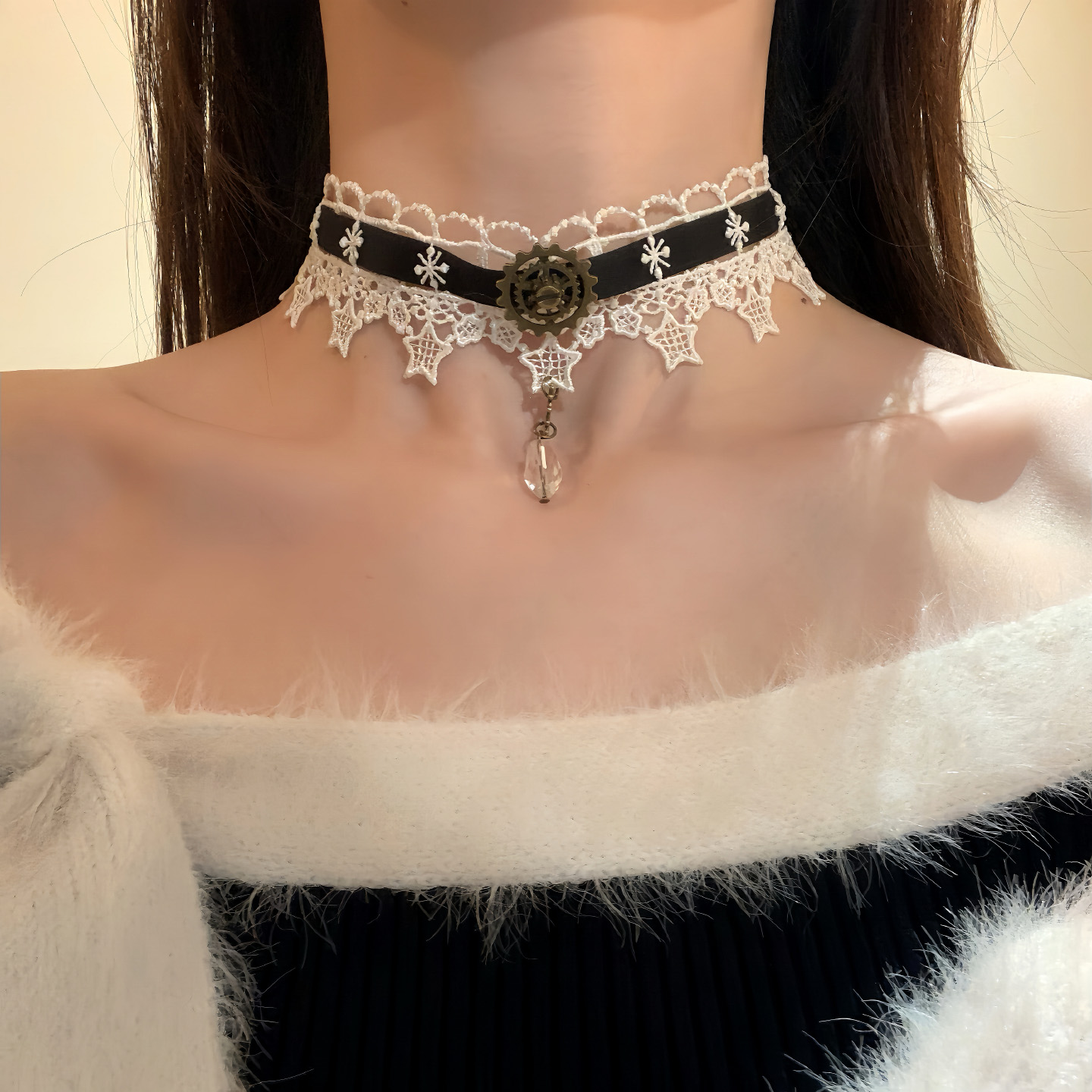 HEY TAO复古黑白星星蕾丝choker项链女秋冬纯欲氛围感颈链配饰品