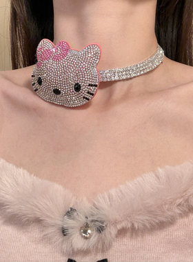 HEY TAO千金感粉色闪钻Kitty猫锆石项链女小众甜美气质choker颈链