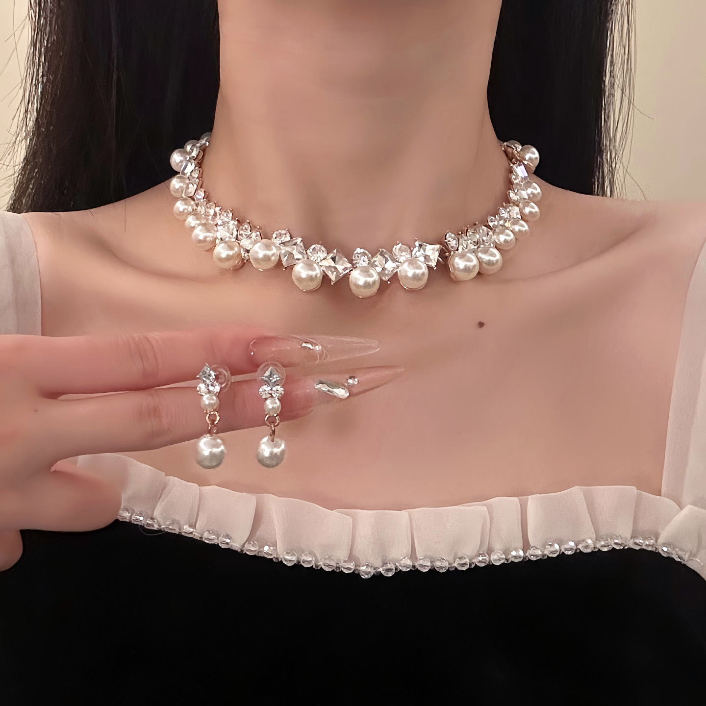 HEY TAO轻奢复古水钻珍珠choker项链女时尚优雅气质晚礼服锁骨链