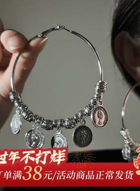 HEY TAO易梦玲同款人像银币流苏耳环女耳圈复古民族风大圈圈耳饰