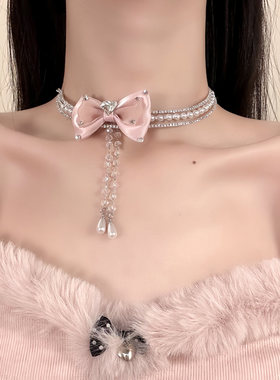HEY TAO千金闪锆粉色蝴蝶结choker项链小众甜美少女气质颈链配饰