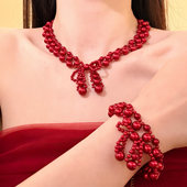 HEY TAO新年红色蝴蝶结珍珠项链女款 复古高级感锁骨链配饰脖颈链