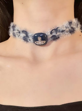 HEY TAO秋冬甜酷蓝色土星毛绒choker颈链个性辣妹项链脖子配饰女
