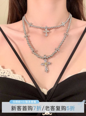HEY TAO甜酷金属串珠十字架项链女小众高级感双层叠戴颈链锁骨链