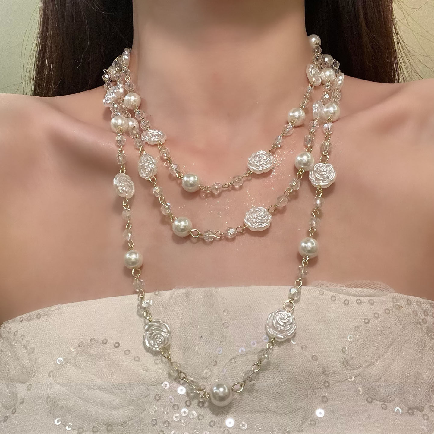 HEY TAO法式复古花朵珍珠项链女精致长款多层叠戴锁骨链礼服配饰