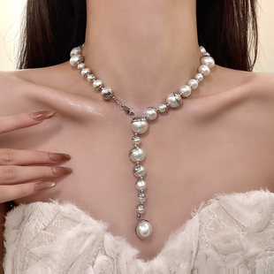 HEY TAO冷淡风金属拼接珍珠项链女ins小众高级感毛衣链配饰锁骨链