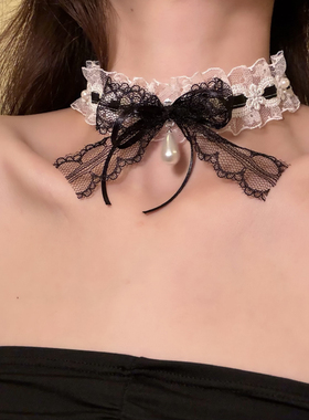 HEY TAO甜美纯欲风黑色蝴蝶结蕾丝choker颈带高级感项链女锁骨链