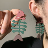 HEY TAO复古设计感撞色鱼骨耳钉女小众夸张气质耳环独特个性 耳饰