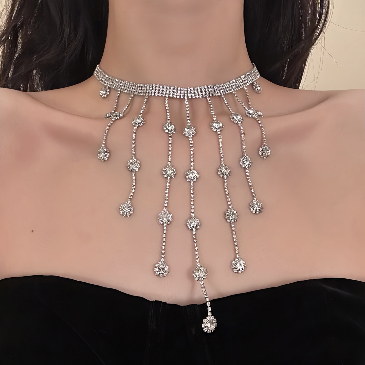 HEY TAO超闪锆石流苏choker项链女时尚高级感宴会礼服颈链配饰品