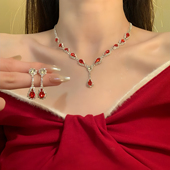 HEY TAO法式 复古红色水钻锆石项链女独特气质新娘礼服配饰锁骨链