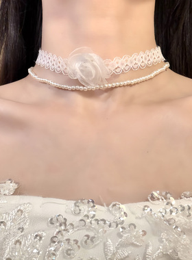 HEY TAO法式白色花朵蕾丝颈链双层叠戴珍珠项链复古气质锁骨链女