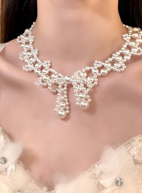 HEY TAO法式浪漫白色蝴蝶结珍珠项链女复古气质锁骨链高级感颈链