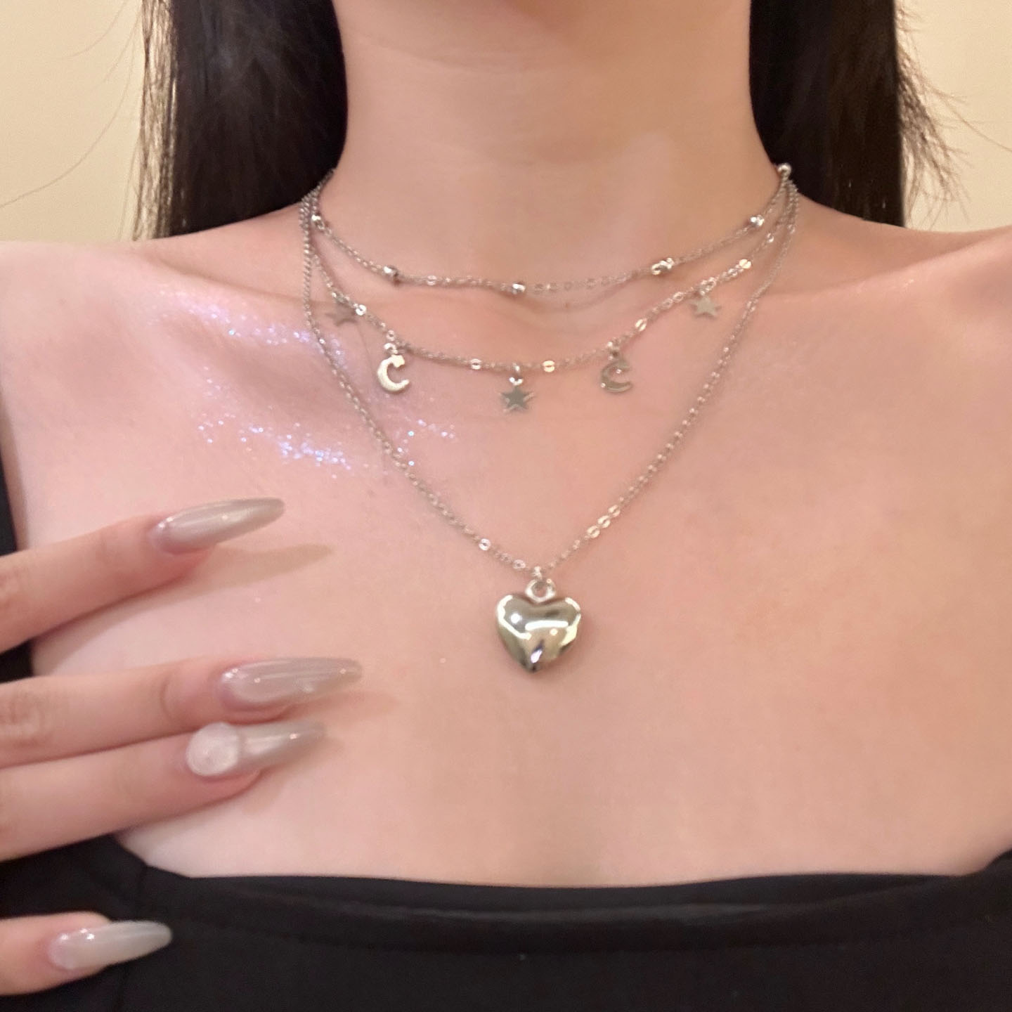 HEY TAO甜酷风金属爱心吊坠项链女夏季个性辣妹多层叠戴颈链配饰