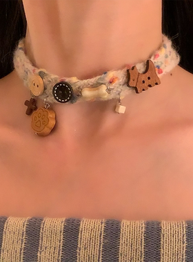 HEY TAO纽扣可爱小狗毛绒choker项圈秋冬2024新款颈链项链女配饰