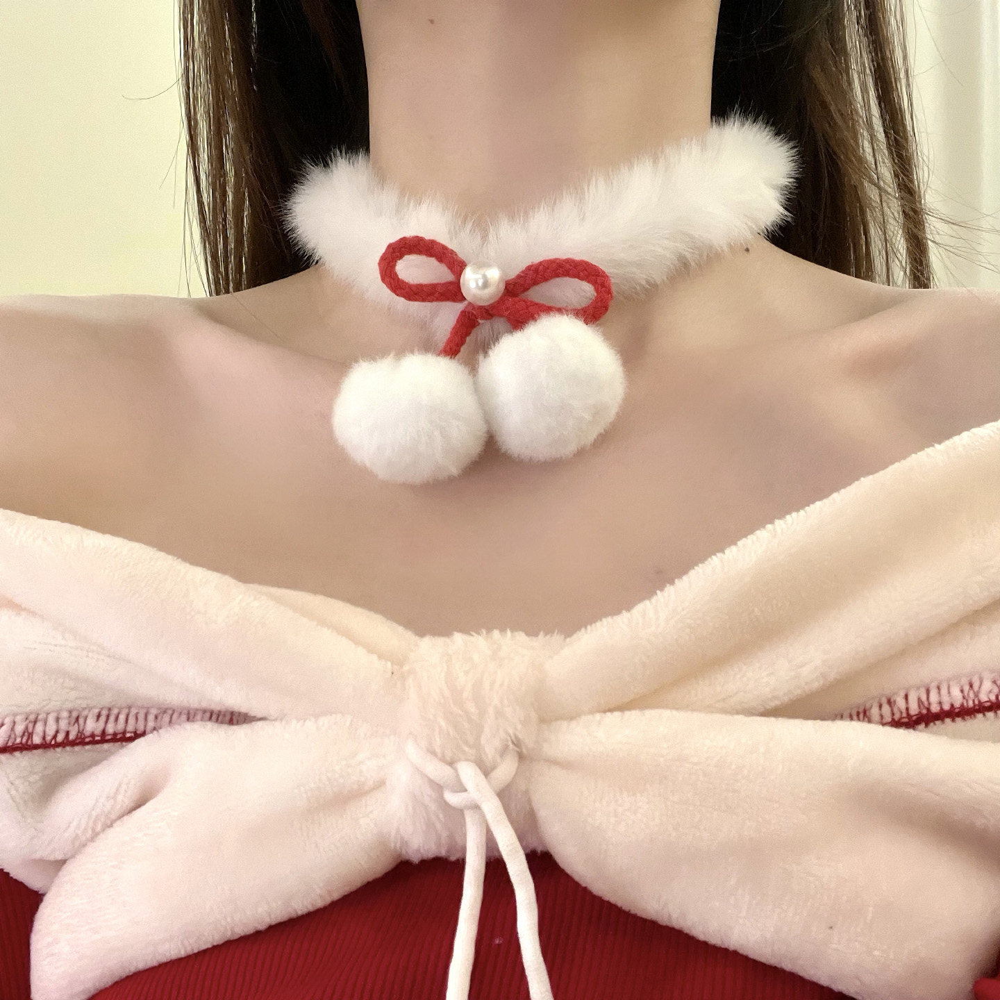 HEY TAO圣诞节氛围感蝴蝶结毛绒choker项链女项圈颈链毛衣链配饰