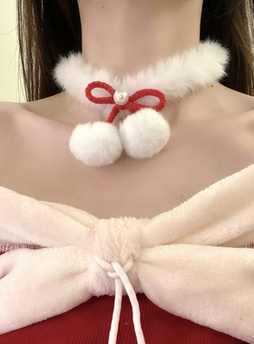HEY TAO圣诞节氛围感蝴蝶结毛绒choker项链女项圈颈链毛衣链配饰
