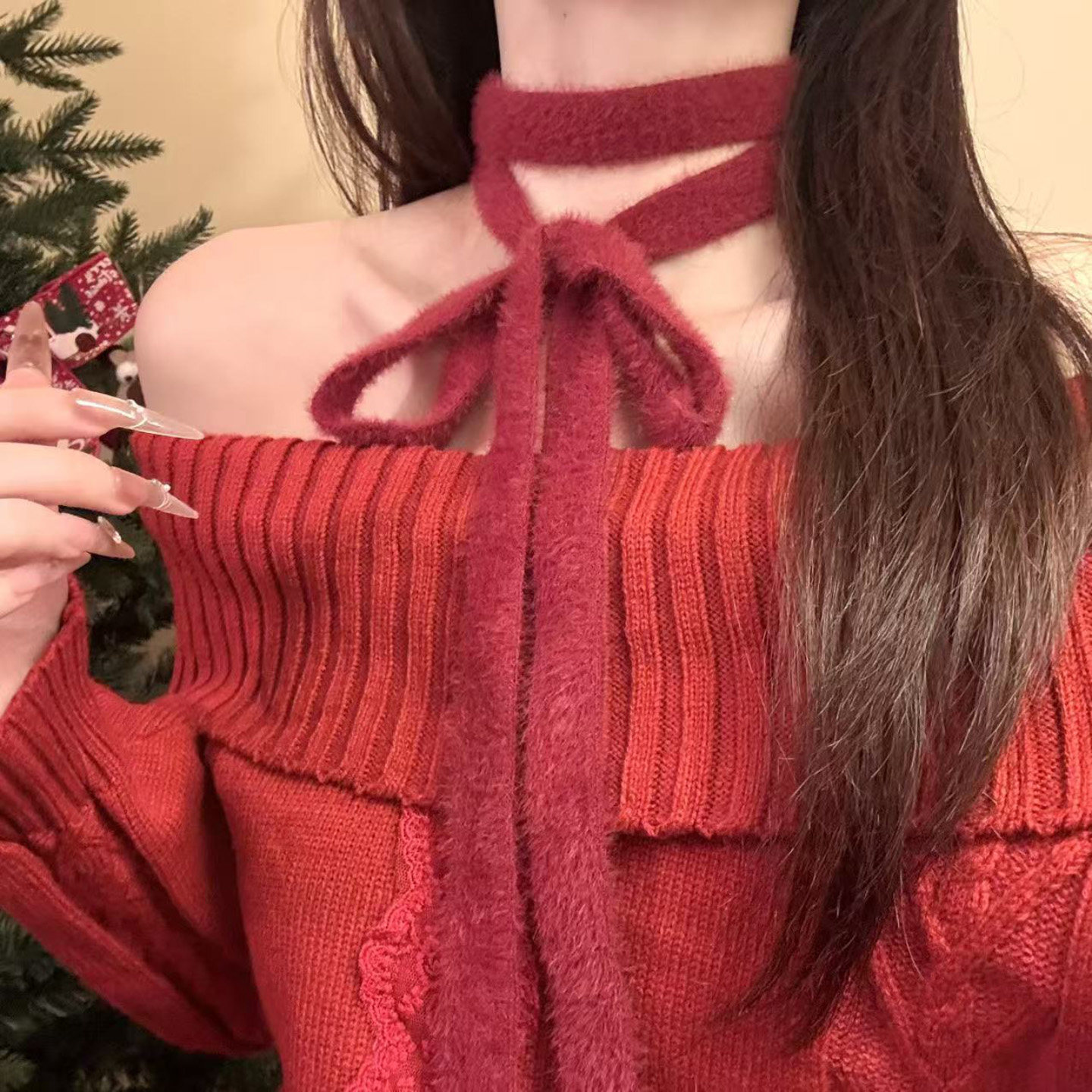 HEY TAO秋冬圣诞红色毛绒颈带项链女百搭气质围脖毛衣链颈链配饰