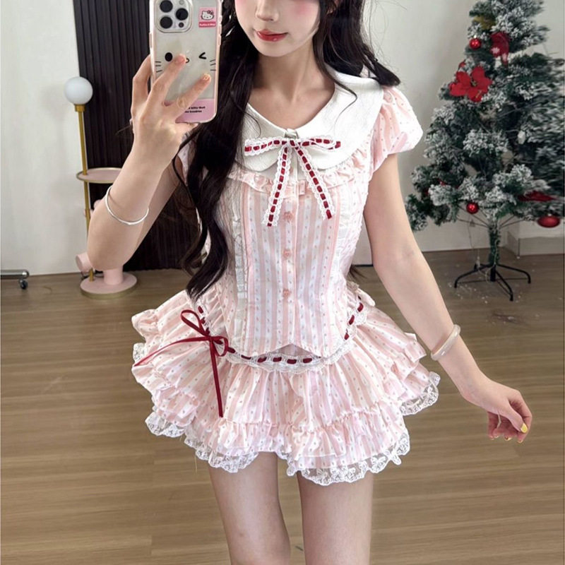 甜美温柔条纹波点套装女夏季娃娃领衬衫上衣显瘦蛋糕半身裙两件套