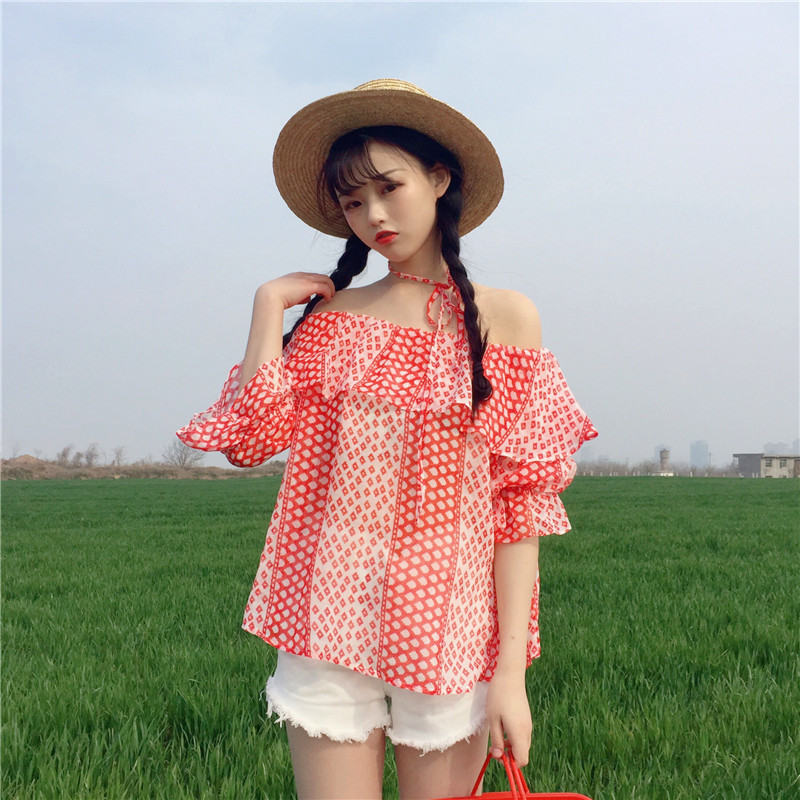 蘑菇街潮2018夏装新款女装系带挂脖雪纺衫宽松显瘦娃娃衫上衣小衫