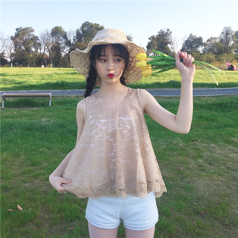 蘑菇街潮2018夏装新款女装日系露背蝴蝶结宽松蕾丝衫无袖上衣背心