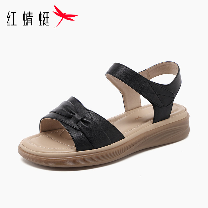 红蜻蜓2026夏季新款头层牛皮软底轻便黑色防滑凉鞋女青年妈妈凉鞋