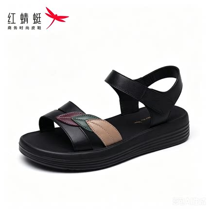 红蜻蜓女凉鞋2026夏季头层牛皮轻便舒适中老年防滑平底妈妈女鞋软