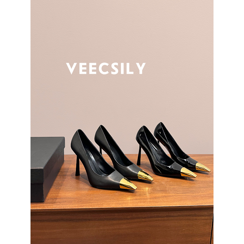 高定~绝美黑色金属小方头超高跟鞋2025新款性感高级感浅口单鞋女