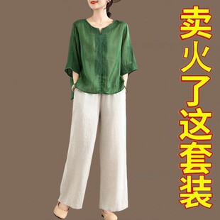 妈妈休闲两件套装 夏季 女 阔腿裤 洋气阔太太民族风刺绣棉麻亚麻衬衫