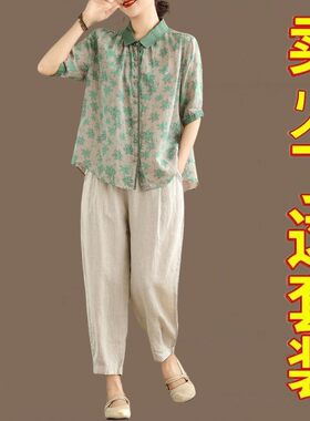 文艺复古棉麻套装女夏季洋气妈妈