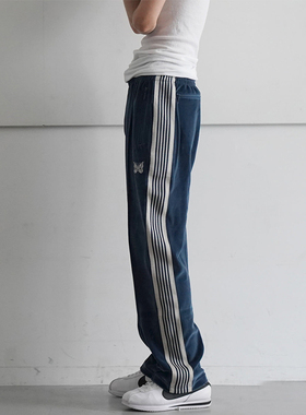 老夫子 灰蓝 Needles 刺绣蝴蝶 丝绒裤 条纹织带复古运动长裤