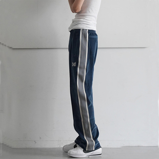 老夫子 灰蓝 Needles 刺绣蝴蝶 丝绒裤 条纹织带复古运动长裤