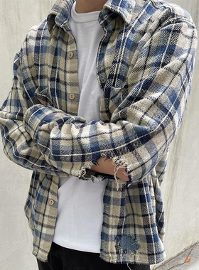 老夫子 vujade 004 破坏工艺格子法兰绒休闲KENIJIMA复古衬衫外套