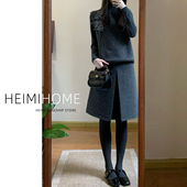 深灰色毛呢压褶半身裙女秋冬季 高腰加厚中裙小个子气质a字包臀裙