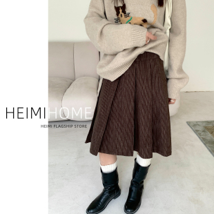 复古竖条纹半身裙女秋冬季 加厚肌理感A字伞裙咖色学院风百褶中裙