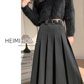 灰色毛呢半身裙女秋冬高腰设计感中长款 包臀长裙小个子a字百褶裙