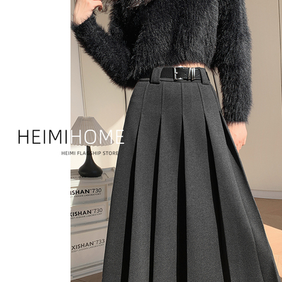 a字百褶裙灰色毛呢半身裙女秋冬