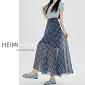 不规则斜裁格纹半身裙女夏薄款 设计感a字雪纺裙藏青色格子中长裙
