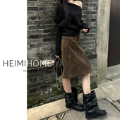 美拉德麂皮绒中裙女秋冬乌木棕色A字包臀半身裙设计感直筒短裙子