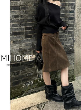 美拉德麂皮绒中裙女秋冬乌木棕色A字包臀半身裙设计感直筒短裙子