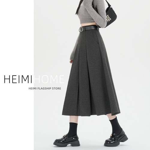 秋冬加厚高腰毛呢百褶裙女