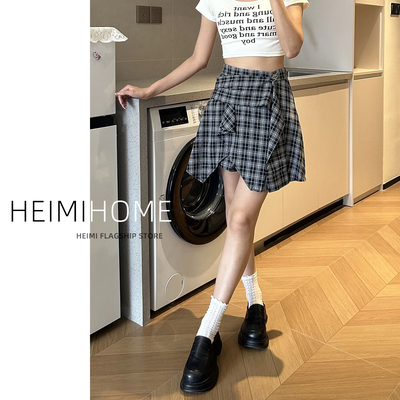 学院风复古绑带格子短裙