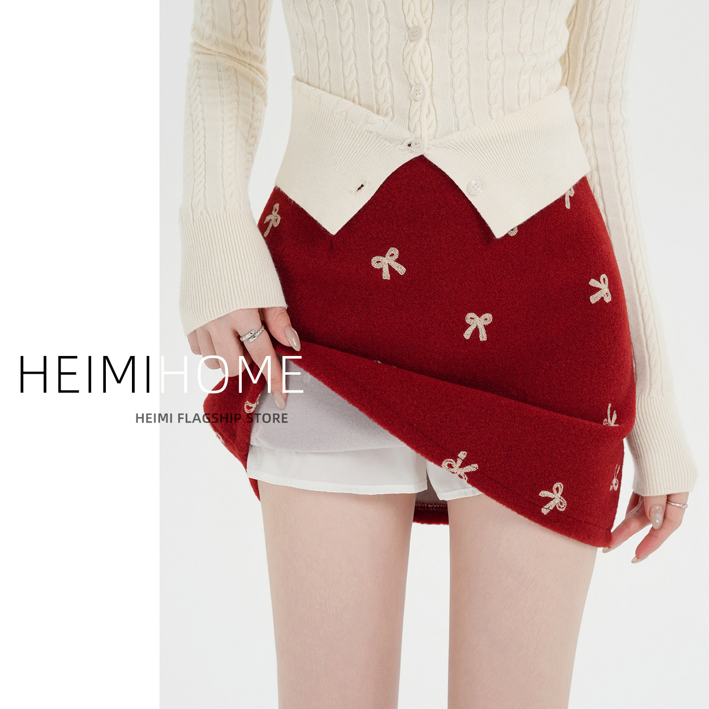 红色复古蝴蝶结半身裙女秋冬季高腰加厚毛呢短裙小个子A字包臀裙,女装/女士精品,半身裙,淘宝优惠券,粉丝福利购,淘宝优惠卷