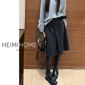 深灰色毛呢半身裙女秋冬季 高腰a字包臀五分裙设计感气质压褶中裙