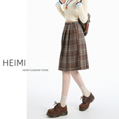 咖色毛呢格子半身裙女秋冬复古百褶裙高腰学院风A字格纹五分中裙