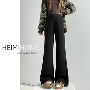 加绒加厚糯米裤 松紧腰休闲微喇运动裤 女秋冬季 黑色羊绒毛呢阔腿裤